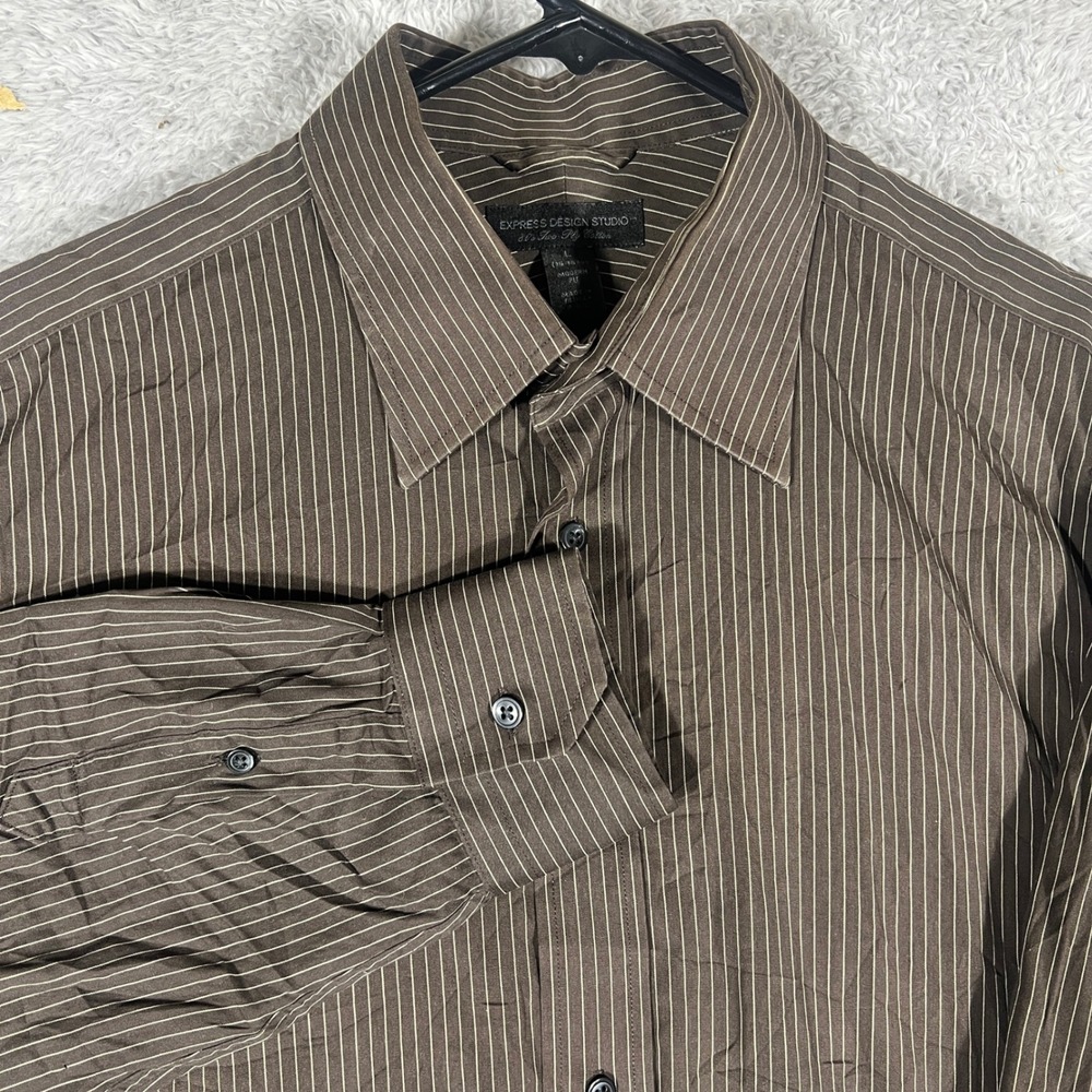 Express Design Studio Shirt Mens L Brown Pinstripe 80s Two-Ply Cotton Modern Fit